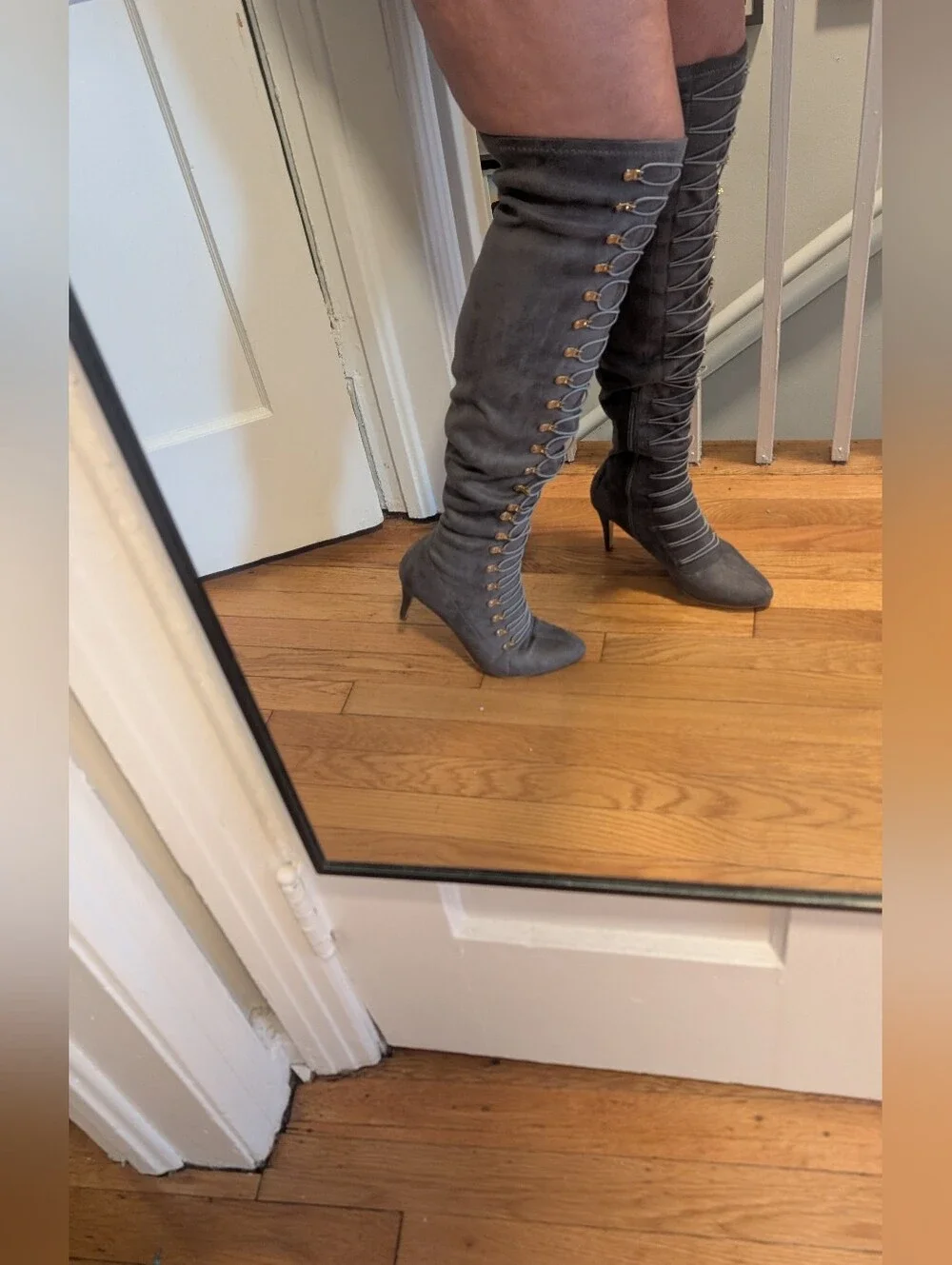 Gray Lace-Up Over-the-Knee Heeled Boots